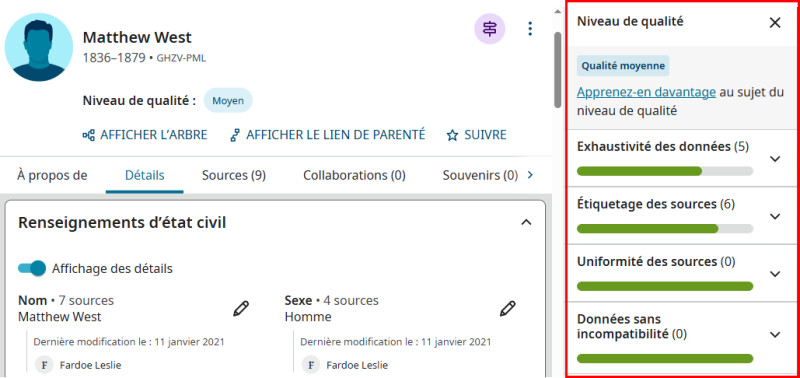 Une capture d'écran de FamilySearch montrant les 4 mesures du score de qualité des données sur la page de profil d'une personne