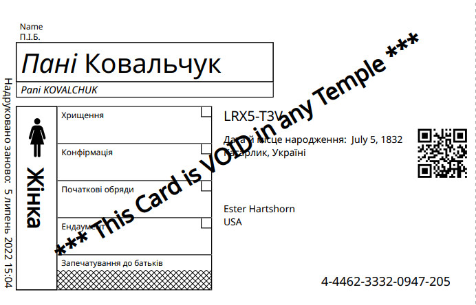 Приклад нової родинної іменної картки з QR-кодом.
