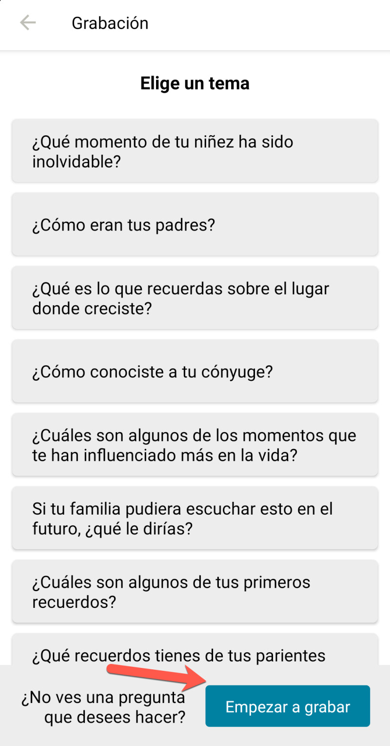 Captura de pantalla, de la aplicación FamilySearch Recuerdos, que muestra cómo agregar audio.