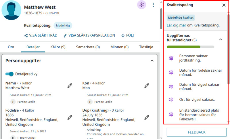en skärmdump från FamilySearch som visar förslag på hur man kan förbättra datakvalitetspoängen för en persons profilsida