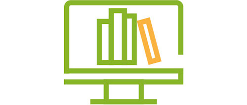 Icône d’un ordinateur affichant des livres à l’écran, représentant la bibliothèque numérique du site de FamilySearch.
