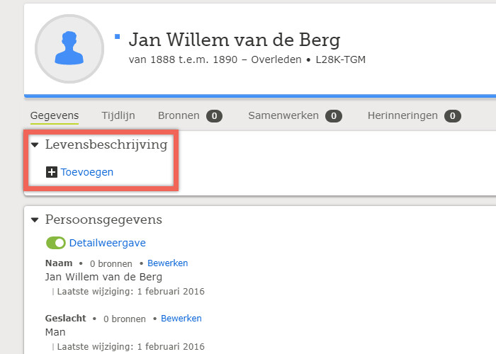 Screenshot van levensbeschrijving in FamilySearch