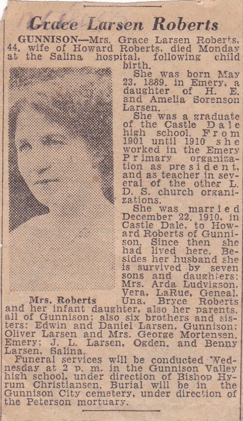 the obituary for a Grace Larsen Roberts.