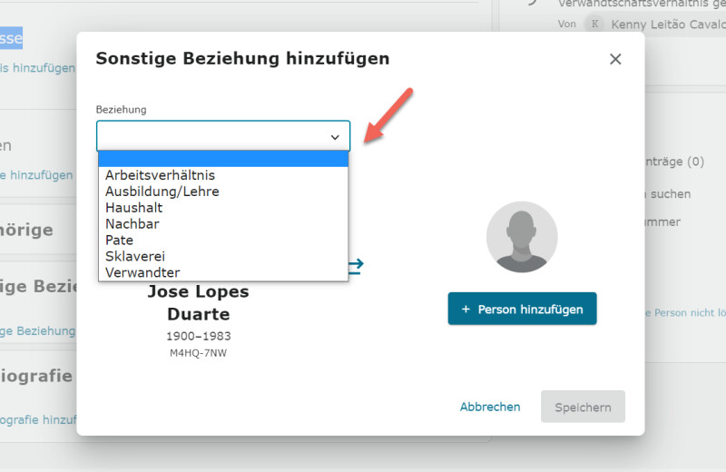 Screenshot der Position des Abschnitts „Sonstige Beziehungen“ im Register „Einzelheiten“