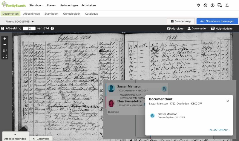 Een gescand historisch document met namen. Voor de scan staat een screenshot van de documenthint van waaruit de scan gelinkt is.