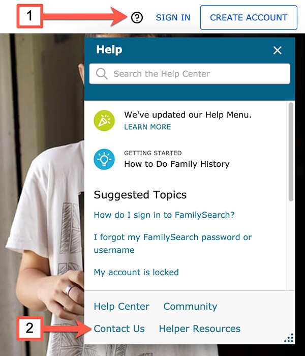 how to get to the 'contact us' on familysearch.