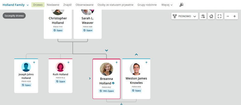 Zrzut ekranu widoku drzewa grupy rodzinnej na stronie FamilySearch.org.