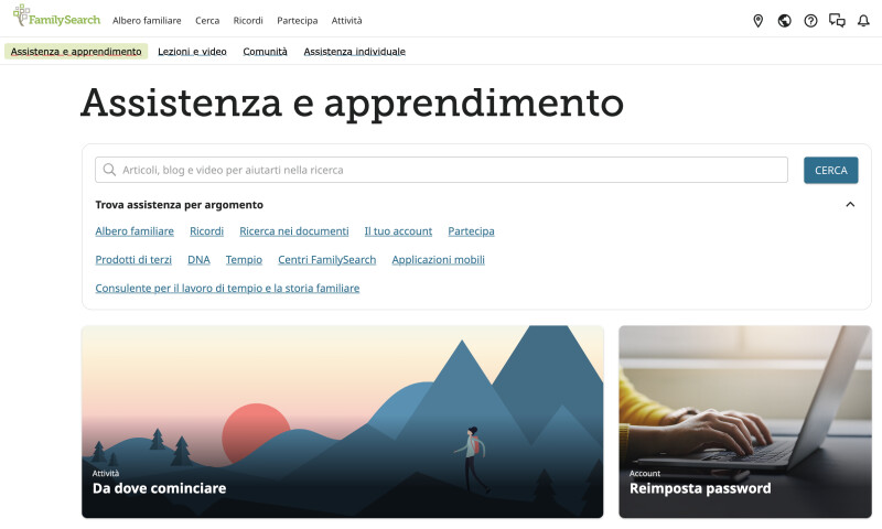 Screenshot del Centro assistenza e apprendimento su FamilySearch.org
