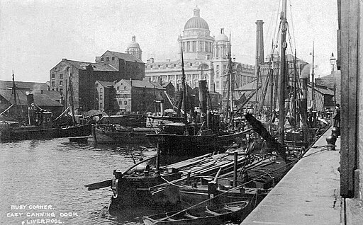 A black-and-white vintage postcard depicting barges at the canning dock in Liverpool, England, before 1910.