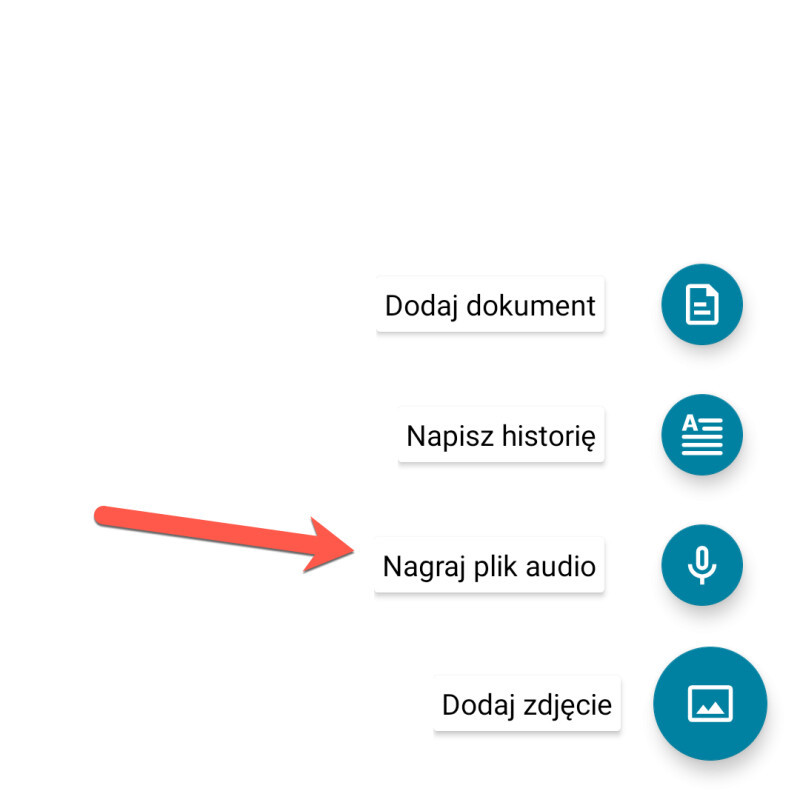 Zrzut ekranu aplikacji Wspomnienia FamilySearch pokazujący, jak dodać plik audio.