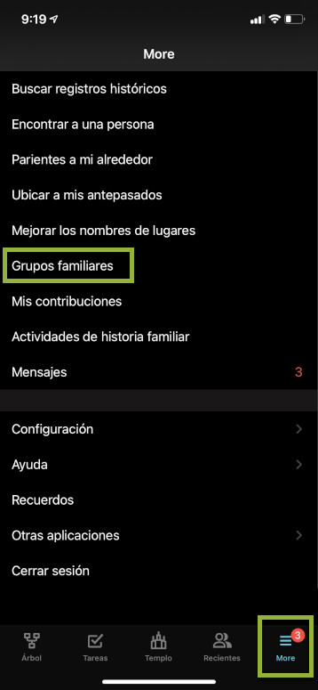 In the bottom right of the iOS app screen, tap on the more menu to get to Family Groups.