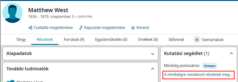 Képernyőkép a FamilySearchről annak feltüntetésével, hogyan használható az adatminőségi mutató