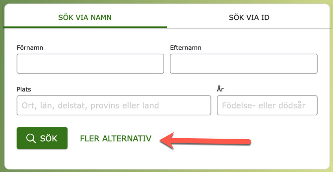Skärmbild av sökrutan Sök i Släktträdet på FamilySearch.org.