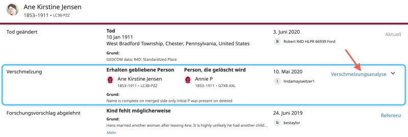 Screenshot der Schaltfläche „Verschmelzungsanalyse“ in der Liste „Alle Änderungen“ auf FamilySearch.org