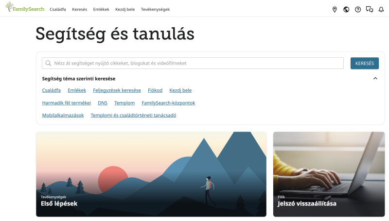 A FamilySearch.org-on található Súgó- és Tanulási Központ képernyőképe