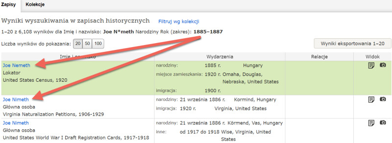 Zrzut ekranu strony z wynikami po użyciu symbolu wieloznacznego