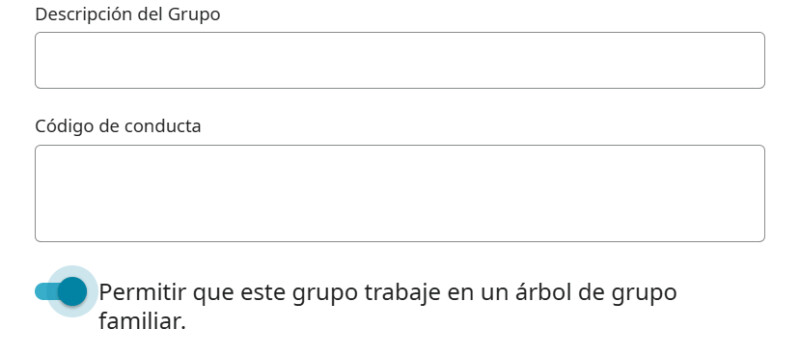Captura de pantalla de la ventana Detalles del grupo para un grupo familiar de FamilySearch, que muestra cómo "Permitir que este grupo trabaje en conjunto, en un árbol de grupo familiar".