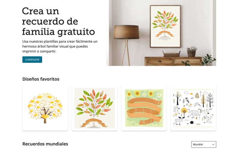 Página de aterrizaje de la experiencia Recuerdos de familia de FamilySearch con ejemplos de diferentes árboles genealógicos para imprimir.