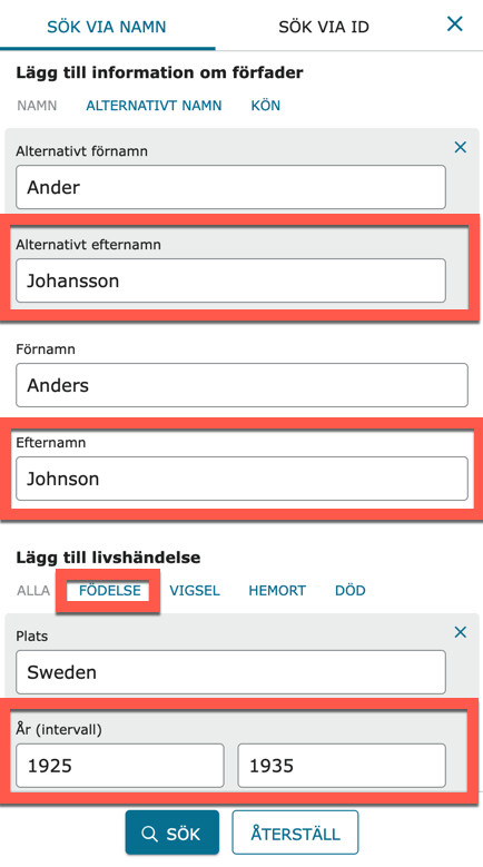 Skärmbild som visar olika sätt att begränsa sökresultaten.