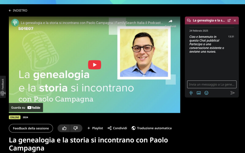 La funzione della chat di RootsTech accanto a un video di RootsTech.
