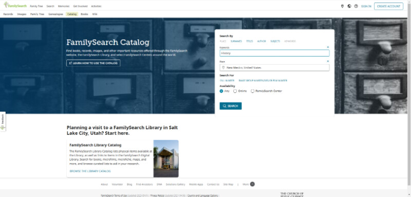 Initial screen of the FamilySearch Catalog