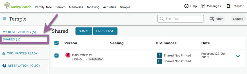 Showing list of reservations shared with the temple on FamilySearch.org.