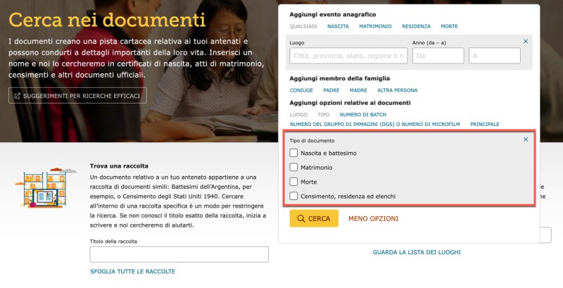 Schermata della pagina Cerca documenti storici su FamilySearch. Un riquadro rosso evidenzia i tipi di documenti.